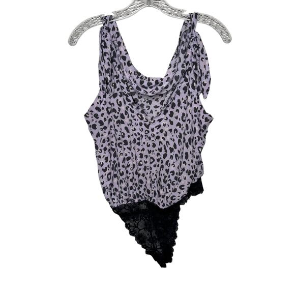 Free People Intimately Bodysuit Size M Purple Leopard Print Cowl Neck Lace Trim - Picture 1 of 10